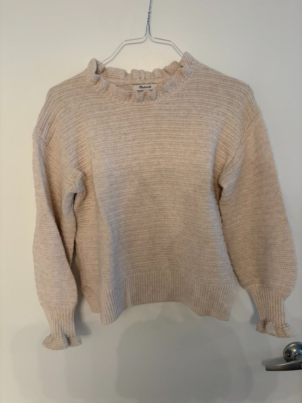 Madewell Cream Ruffle Neck Cuff Sweater Cotton Merino Wool Feminine Size XS